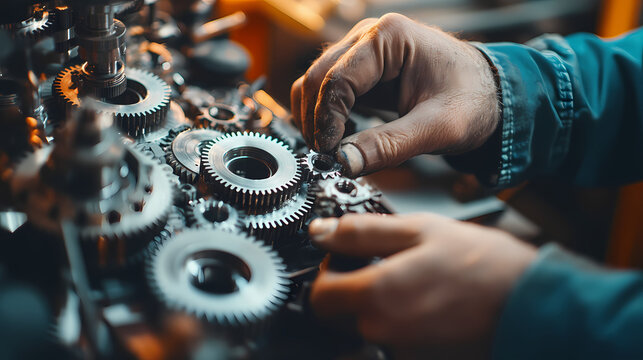 Close up view of a mechanical gear system with metallic cogs and gears being assembled by skilled hands in an industrial workshop. Mechanical Lifeforms. Illustration