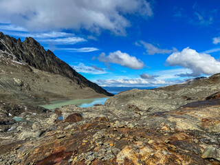 Argentina, Ushuaia - 2023, February: mountain landscape with blue sky, way to Vinciguerra Glacier 