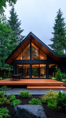 Modern A-Frame House with Large Windows and Warm Evening Lighting in Tranquil Landscape