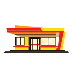 Flat vector graphic of retro drive-in restaurant, no activity, on blank backdrop
