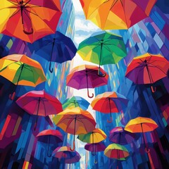 Colorful umbrellas decorate city street during an art installation