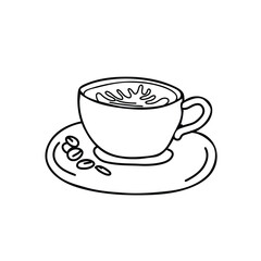 Cappuccino Coffee Cup isolated on white background. Black and white Sketch illustration in Doodle style. Ideal for beverage branding, cafe menu and graphic design projects.