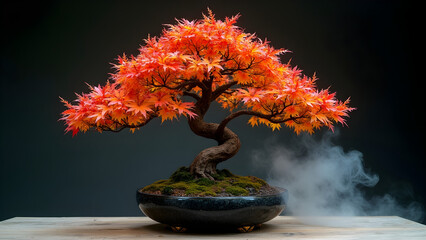 A vibrant Japanese maple bonsai with fiery red-orange leaves, set in a sleek black pot with mist rising around it. A striking blend of autumn beauty and Zen aesthetics.