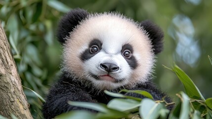 Obraz premium Cute baby panda cub in tree, bamboo leaves, forest background, wildlife conservation