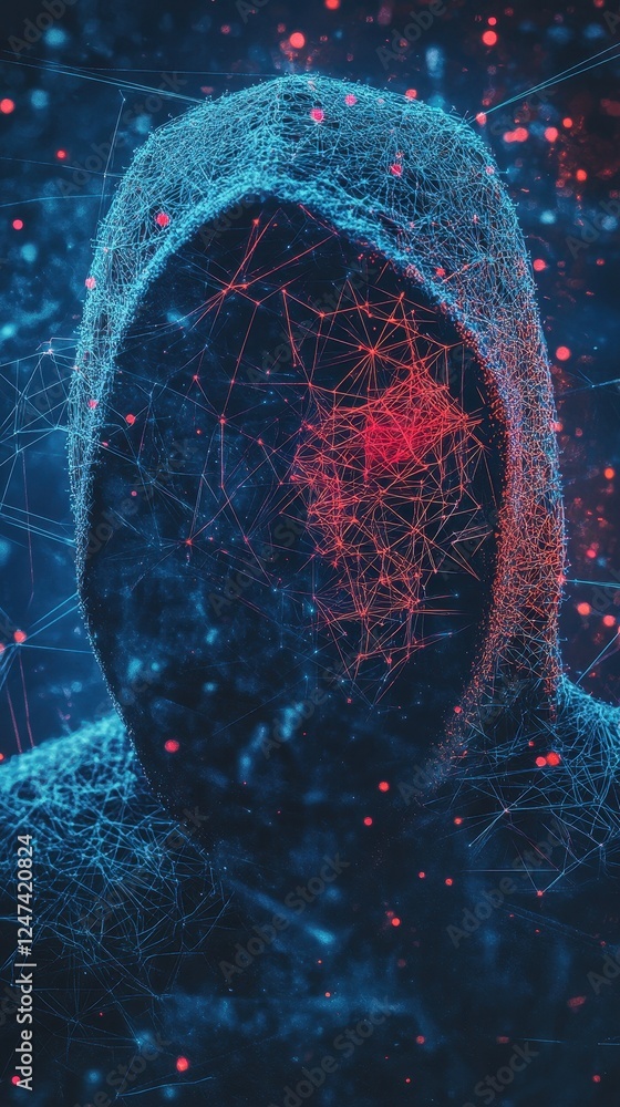 Poster abstract digital figure in hoodie connected by neural network