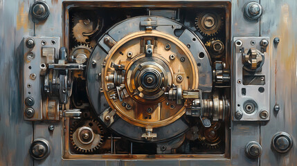 Realistic depiction of an intricate mechanical lock being reverse engineered, with an engineer studying the internal tumblers and springs. Mechanical Lifeforms. Illustration