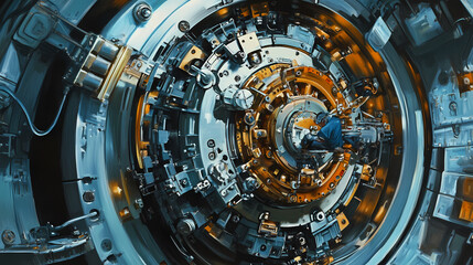 Realistic depiction of an intricate mechanical lock being reverse engineered, with an engineer studying the internal tumblers and springs. Mechanical Lifeforms. Illustration