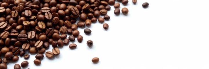 Obraz premium Roasted coffee beans scattered on white background, organic, cafe