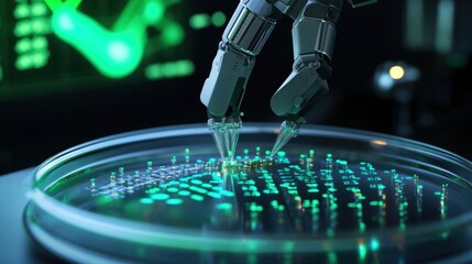 Robotic arm precisely manipulates samples on a petri dish, highlighting the integration of technology in scientific research. Glowing data visuals emphasize innovation in laboratory settings