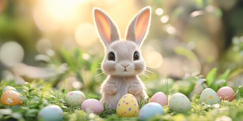 Cute Easter bunny figurine standing on the green lawn surrounded by colorful eggs. Easter concept.