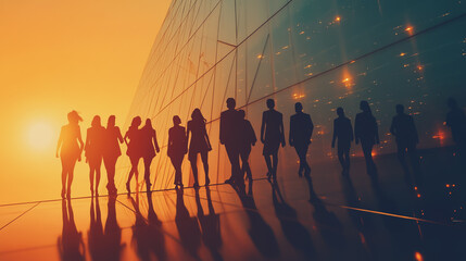 Fototapeta premium Group of business people silhouettes in modern office building and business network concept. Human resources with pastel innovation charts and graphs with statistics to analyze business