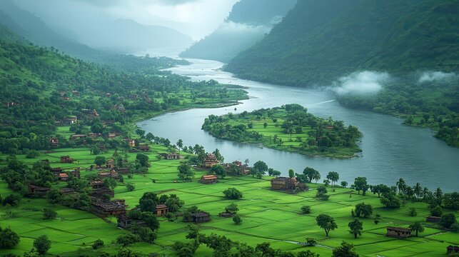 Serene River Valley Landscape, Lush Green Fields, Misty Mountains, Travel Brochure