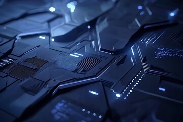 Abstract futuristic technology with polygonal shapes on a dark blue background, representing digital advancements and innovation in 3D