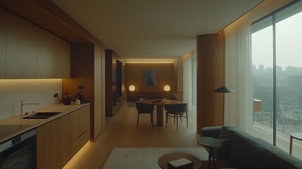 Fototapeta premium Modern Minimalist Interior Design of a Luxurious Apartment with Urban Cityscape View