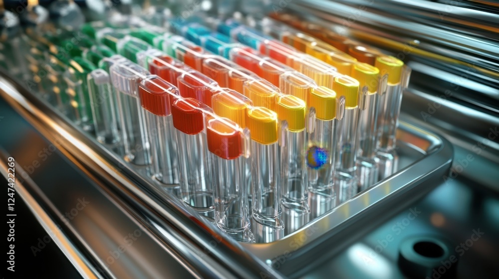 Poster vibrant array of test tubes filled with colorful liquids, creating a striking visual display, showca