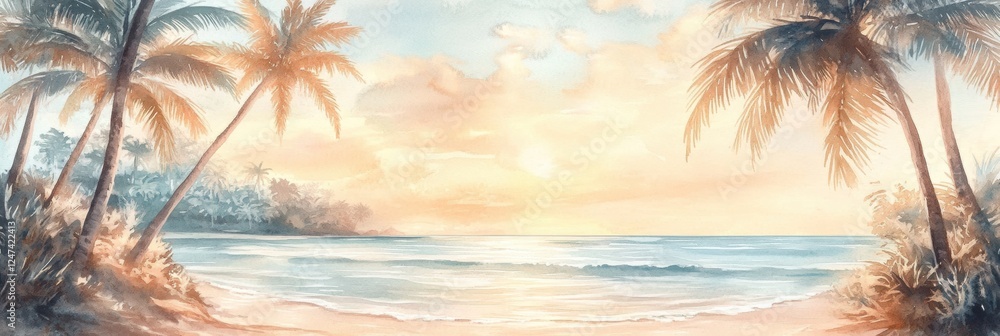 Poster Sunset over a tranquil beach with palm trees and gentle waves at twilight in a serene watercolor illustration. Generative AI