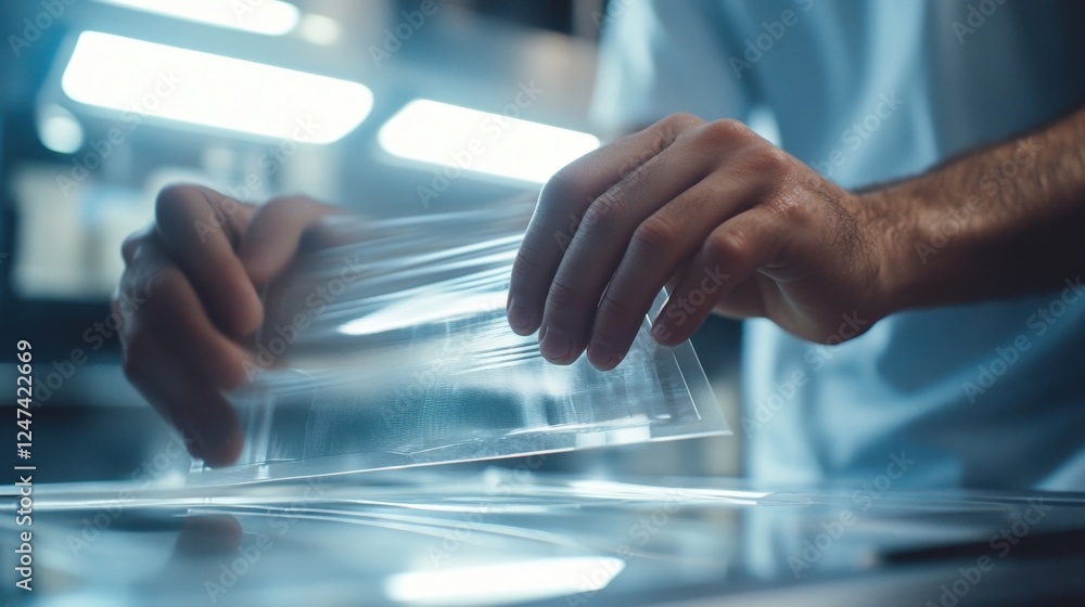 Poster close up of a scientist's hands carefully handling transparent material sheets under bright laborato