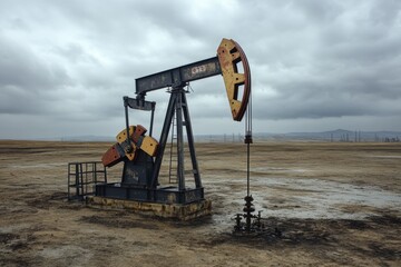 Vintage oil pumpjack in barren field under cloudy skies