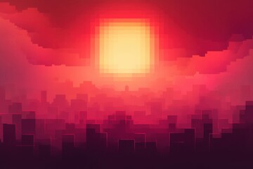 Pixelated sunset over abstract city skyline in warm colors