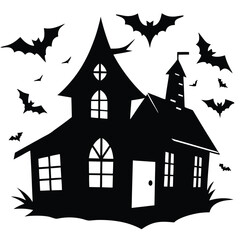 Spooky silhouette of a haunted house with bats.