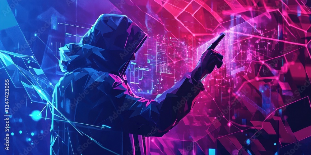 Poster hooded figure interacts with complex digital network interface