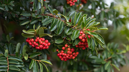 Barberry bush with clusters of red berries.