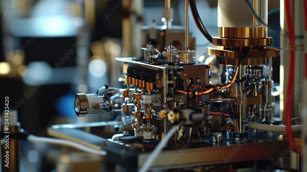 Poster close up of complex scientific equipment featuring intricate components and wiring, highlighting adv
