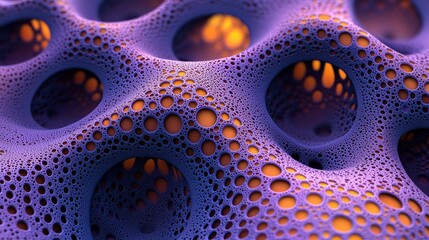 Abstract purple 3D texture; glowing orange holes; background design; website graphic