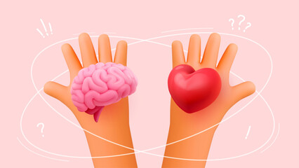 Brain and heart in hands, symbol of balance emotions and reason. Love and logic. Decision making metaphor, mental health. Self awareness, personal growth. 3D vector illustration on light background