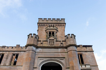 Tower above front entrance to Birkwood Castle, abandoned psychiatric hospital