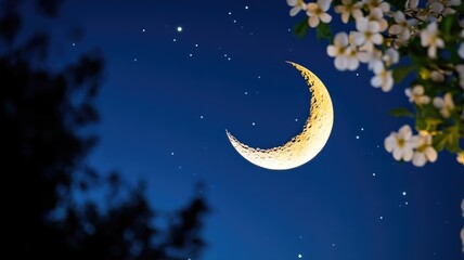 Fototapeta premium Crescent moon and stars in night sky, flowers foreground