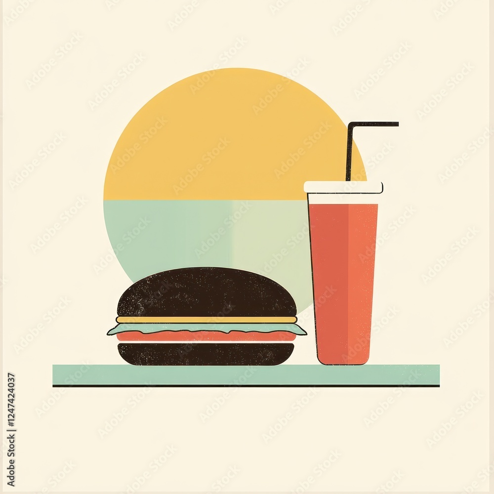 Poster burger and juice box on a shelf with circle background for menu or print design