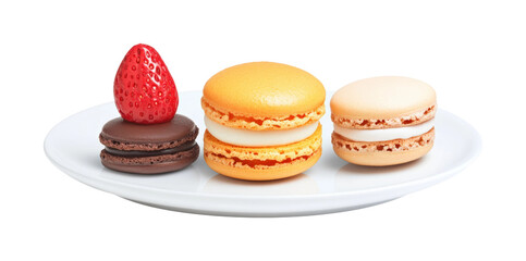 Bright macarons and strawberry dessert display isolated on transparent background