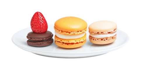 Bright macarons and strawberry dessert display isolated on transparent background