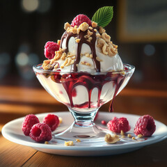 Decadent Vanilla Ice Cream Dessert with Raspberries and Chocolate Drizzle
