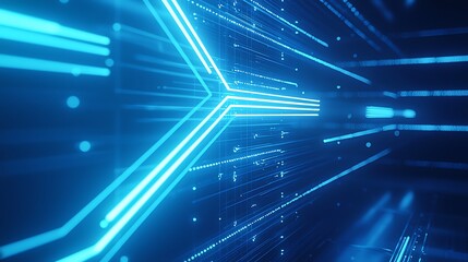 Abstract glowing blue arrow with lighting and line grids on a blue background, symbolizing high-tech concepts