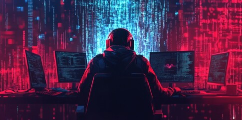 Fototapeta premium Hacker with headphones surrounded by glowing digital screens