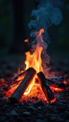 Flickering embers, glowing wood, bonfire smoke, ash, orange, close-up