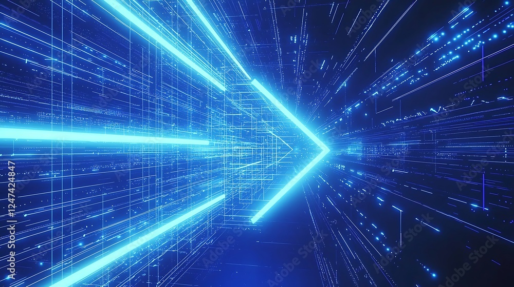 Poster abstract glowing blue arrow with lighting and line grids on a blue background, symbolizing high-tech