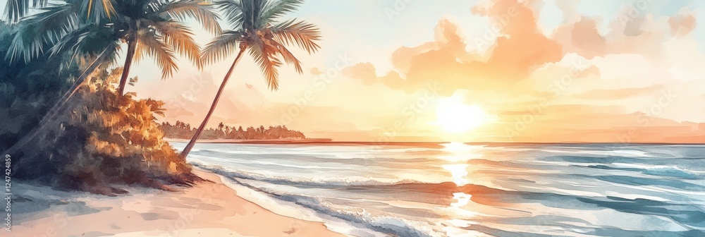 Aufkleber watercolor illustration of a tropical beach at sunset with palm trees and gentle waves lapping the s