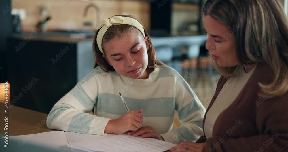 Poster happy, mother and helping girl with homework for learning support, reading lesson or knowledge devel