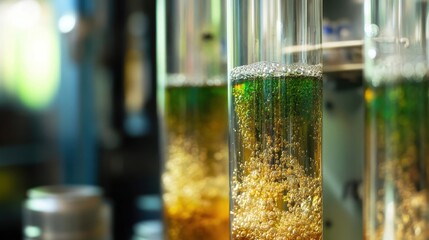 Close up of test tubes filled with a bubbling chemical reaction, showcasing vibrant green and golden hues. The scene captures the essence of scientific experimentation and discovery