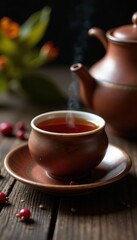 Fragrant Turkish tea served in a small ceramic pot, fireplace, wooden, bokeh background