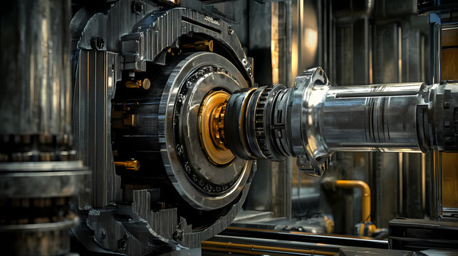A 3d scene showing a mechanical part being replaced by a sleek, modern substitute in a highly detailed industrial setting. Mechanical Lifeforms. Illustration