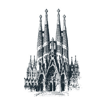 Famous Cathedral-Style European Building with Four Spires &ndash; Black and White Icon Vector and Illustration