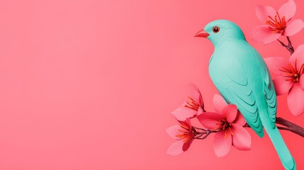 Colorful Pastel Bird Perched on Branch Among Pink Floral Elements in Soft Background