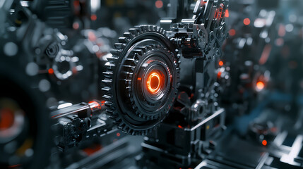 A close-up view of gears and mechanical components being assembled by automated systems. Mechanical Lifeforms. Illustration