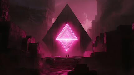 Pink pyramid, figures, ruins, fantasy landscape