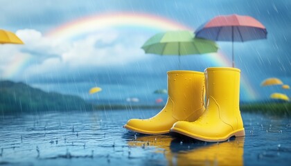 Yellow Boots And Umbrellas Dance Among Rainstorms And Rainbows Against A Blue Background: A Beautiful Render.