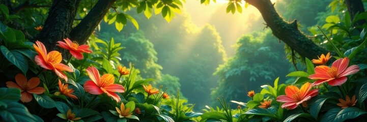 Obraz premium Lush jungle, vibrant flowers, sunlight dappled on leaves, humidity, paradise, nature